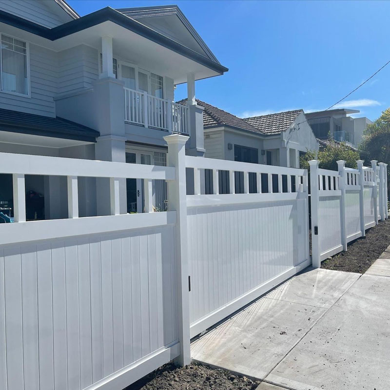 Newly built PVC Hampton style fence on residential property.